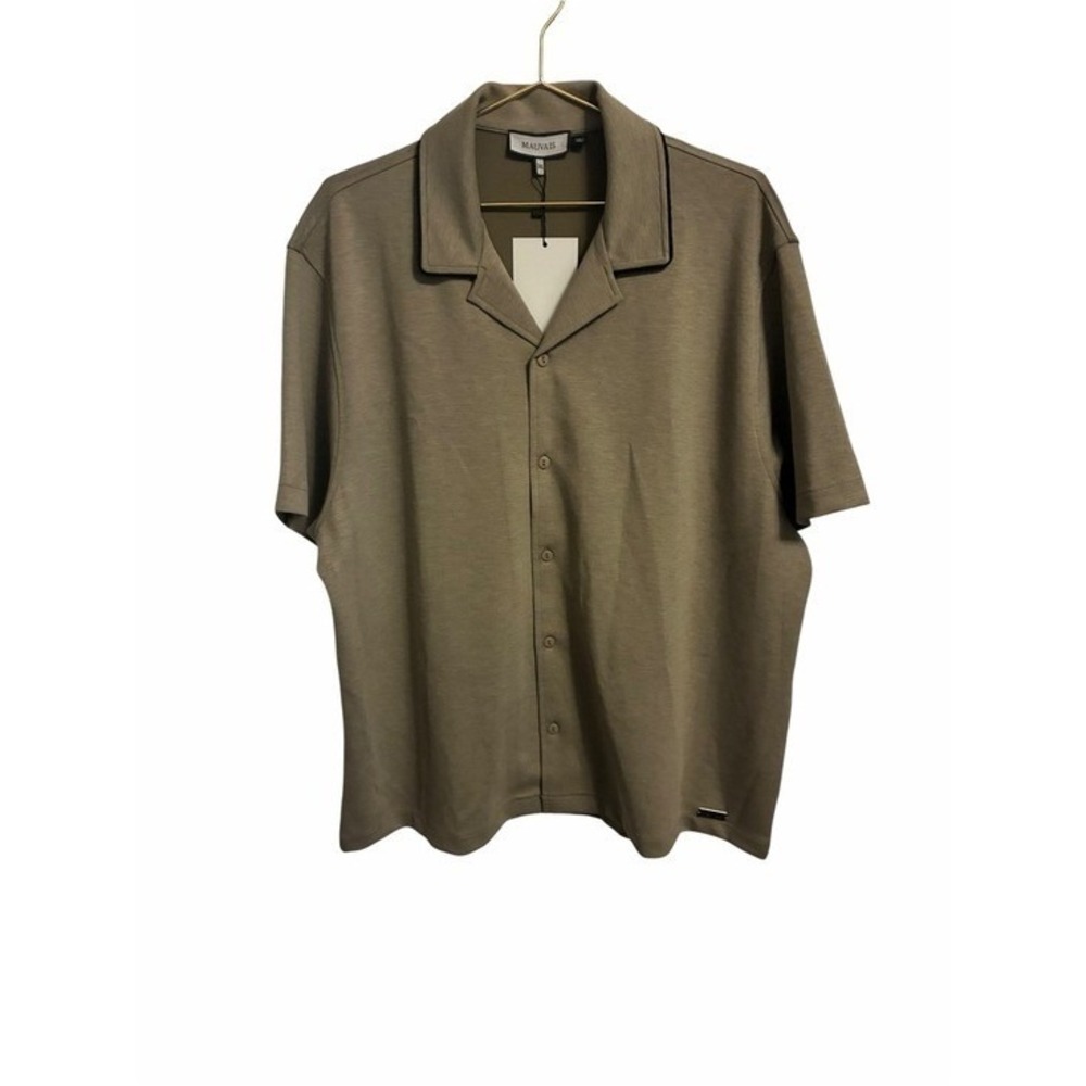 Mauvais Mens Taupe Short Sleeve Camp Collar Button Up Shirt Piped Trim NWT 3XL